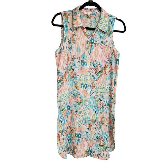 Spense multicolor paisley tropical print button up shirt dress M - Picture 1 of 4